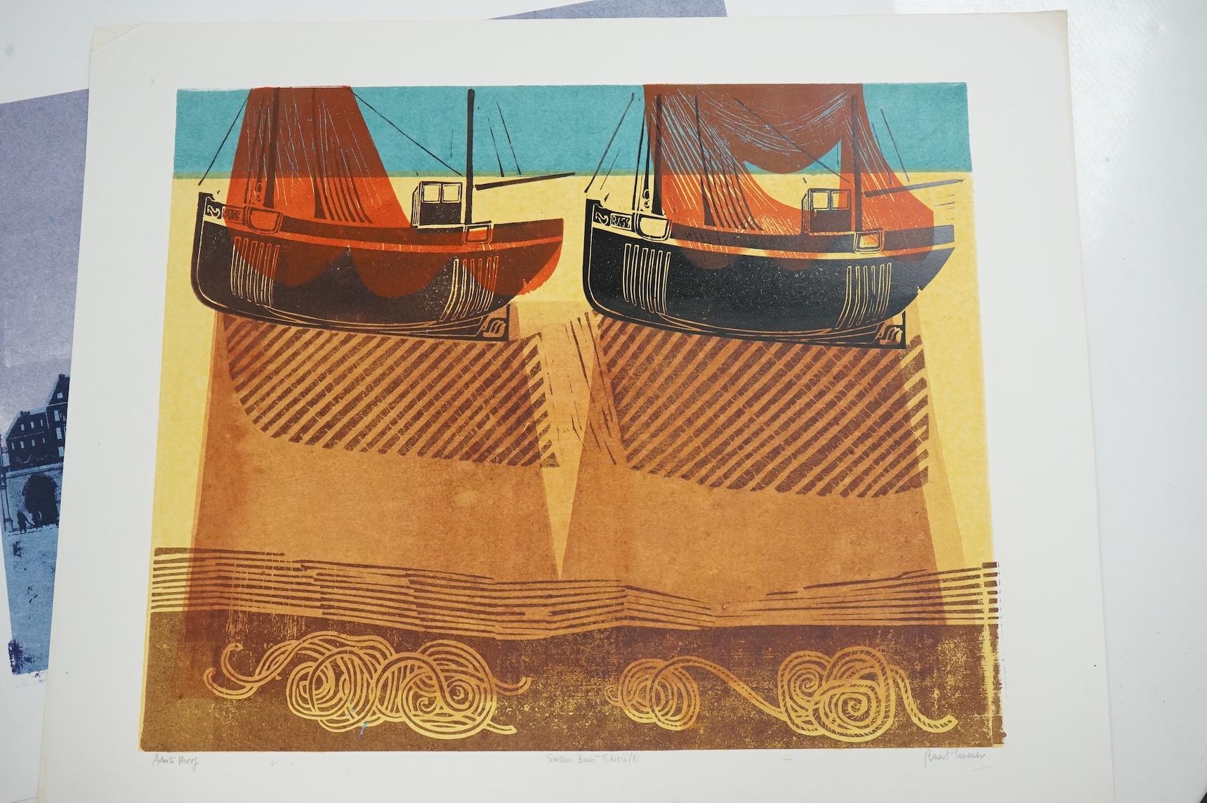 Robert Tavener (1920-2004), two linocuts comprising ‘Sussex boats 3’, artist proof, signed in pencil, signed, unframed, and ‘Kings College Cambridge’, unsigned, largest 56 x 76cm